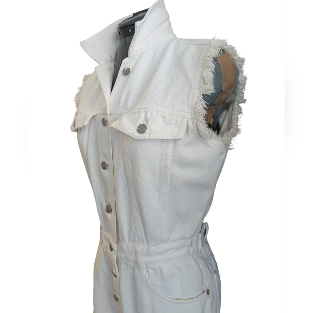 90s Y2K No Excuses Vintage WhiteDenim Fringe Sleeveless Shortalls Romper Size Sm
